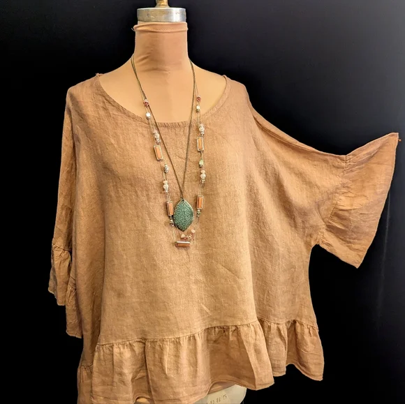 NWT Liabella Brown 100% LINEN Ruffle Sleeve Blouse 3x-4x - Picture 1 of 6